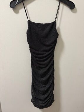 Princess Polly Reeva Ruched Women’s Mini Dress in Black & Silver. Size 0.